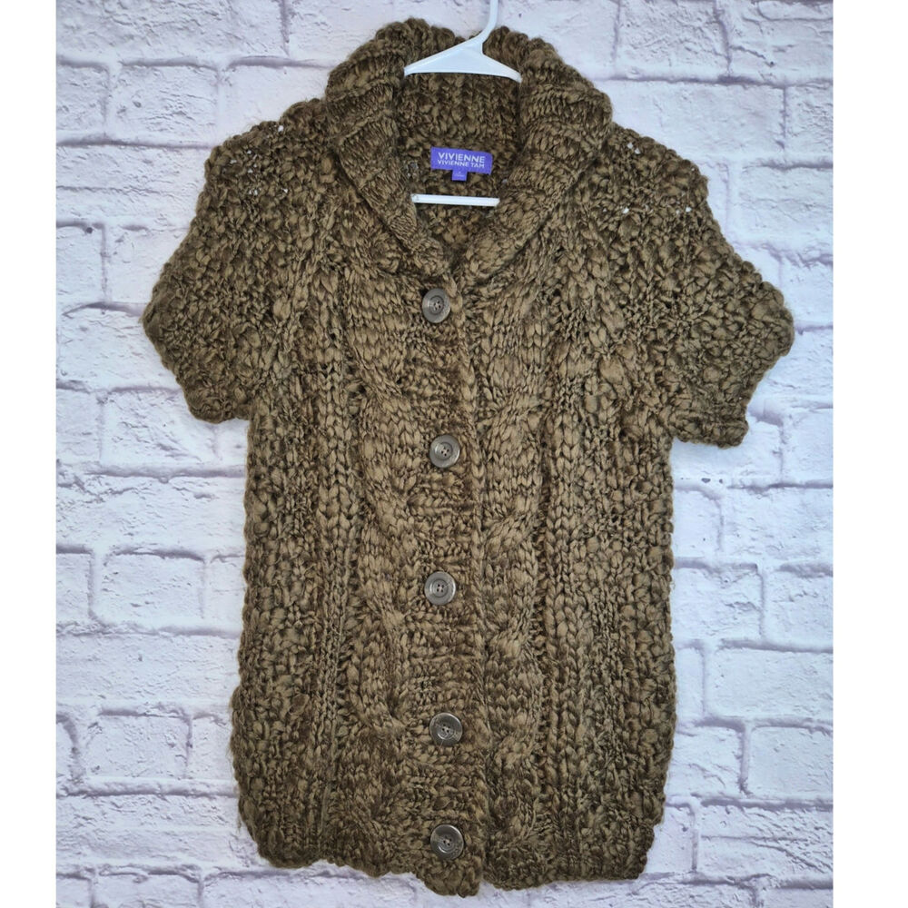 Vivienne Tam Chunky Cable Knit Short Sleeve Cardigan Wool Blend Sweater Small